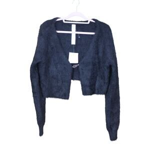 NWT Fabletics Black Fuzzy Long Sleeve Mini Crop Silver Detail Sweater Top Size L